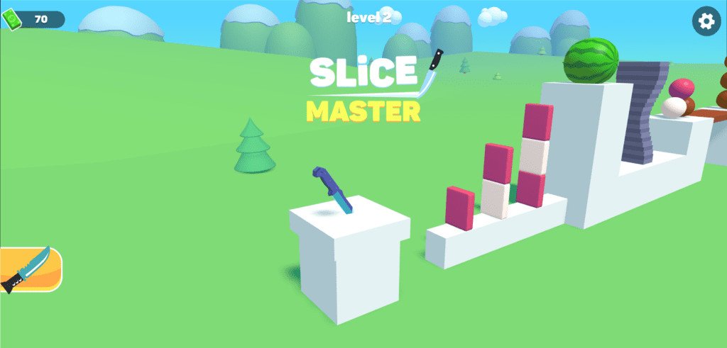Slice Master gameplay showing sticks and logs cut into pieces on a wood chopping level.